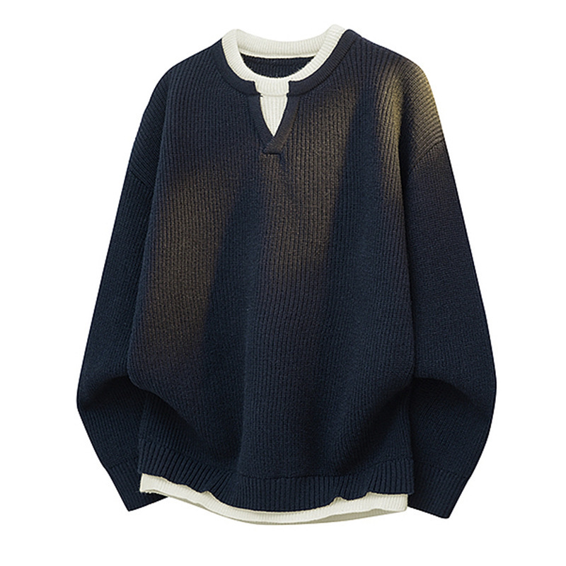 Explosiones transfronterizas de tamaño grande europeo falso dos piezas de costura camiseta de punto suéter hombre cuello V viejo viento otoño invierno fábrica al por mayor