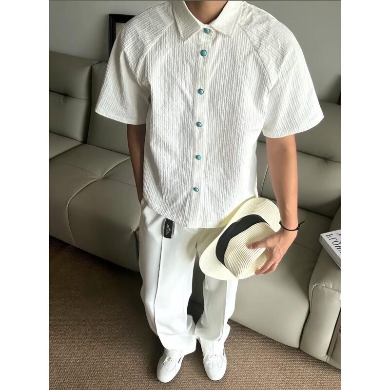 Tears of the Ocean Short-Sleeve Shirt for Men, Trendy High-End Style, Cool Turquoise Pleated Half-Sleeve Shirt, Cleanfit Jacket