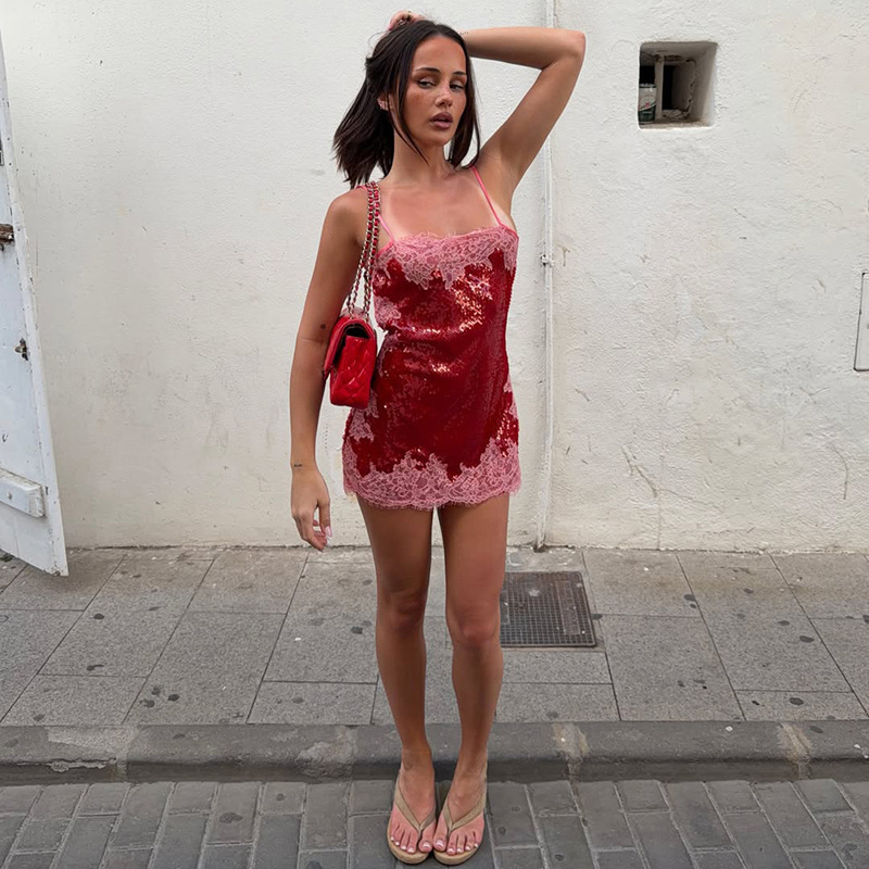 In stock - Multiple colors available - European and American cross-border sexy sequin lace patchwork sleeveless strap dress
