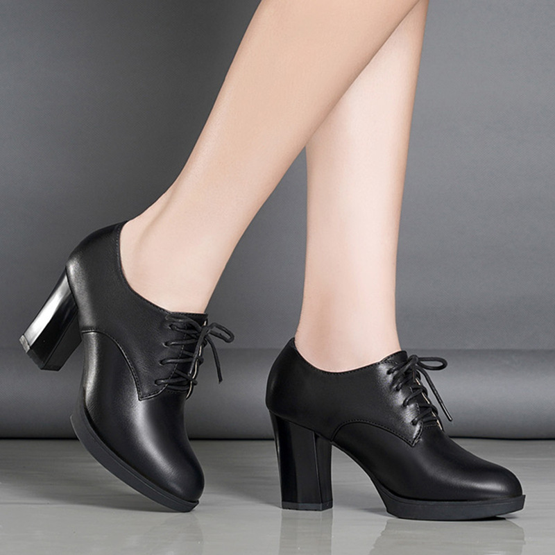 2025 Spring and Autumn New Single Shoes High Heel Waterproof Platform Thick Heel fleece-lined Deep Mouth Soft Sole Work Shoes Women's Black Leather Shoes