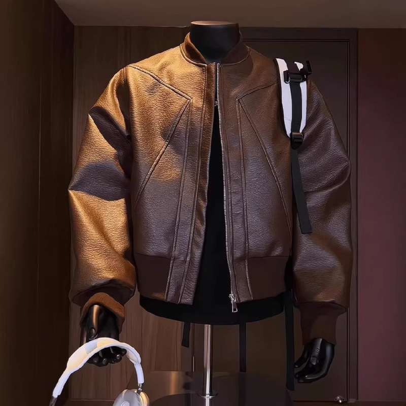 American-Style Short Motorcycle Jacket, Popular American-Style Patchwork Leather Jacket for Men, Autumn High-End Cool Baseball Jacket