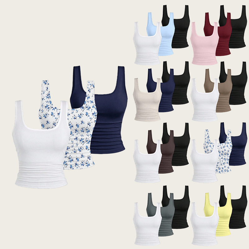 Cross-Border European and American Plus Size Women's Clothing 2025 New Summer Fashion Sleeveless Square Collar Beautiful Vest Slim Suspender Three-Piece Set