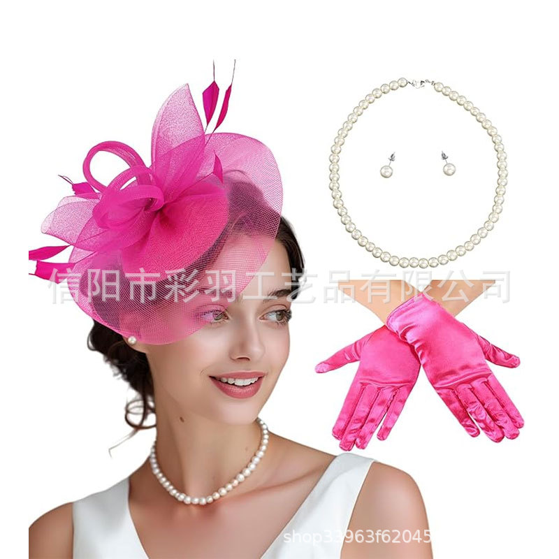 Amazon's best-selling mesh feather headpiece, head flower, gloves, accessory set, suitable for horse racing festivals, banquet hats, and hair accessories