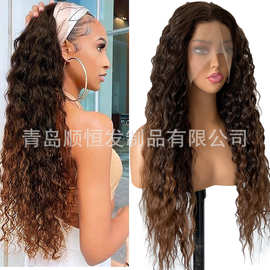 欧美假发女前蕾丝化纤渐变金色长卷发头套curly wig工厂现货代发