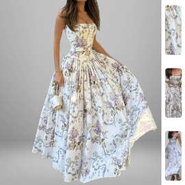 2026春季新款女装 跨境欧美连衣裙子 气质优雅印花大摆吊带礼服