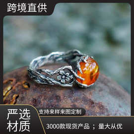 宇蝶跨境新款泰银水滴琥珀石蜜蜡手饰 镶花简约气质戒指 厂家现货