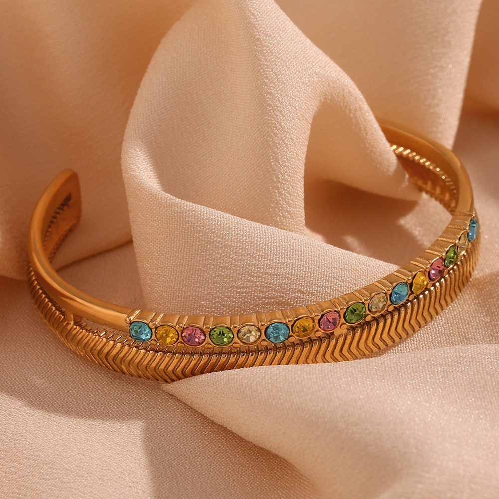 Zircon Inlaid Double Fishbone Open Stainless Steel Bracelet