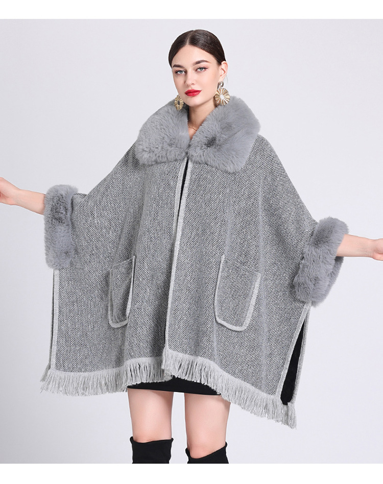 Mantella in pile extra spesso con collo in pelliccia, ampia e larga taglia, cardigan lavorato a maglia per donna_voghion.com