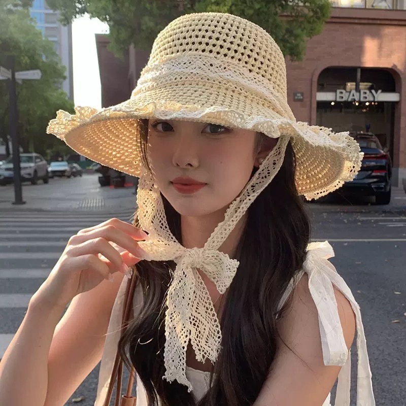 2025 夏の太陽の帽子フレンチフラットトップ麦わら帽子女性の海辺のビーチ日焼け止め織帽子抗 UV 帽子|undefined