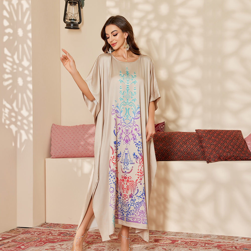 Nuevo satén transfronterizo pijama de moda de mujer estilo de Oriente Medio suelto gorgeoso impresión blusa túnica DP3428