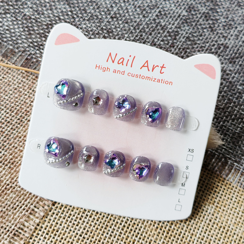 Purple Sparkling Diamond Cat's Eye Children's Special Wearable Nails for Ages 3-6-12, Little Girls' Nail Art to Prevent Nail Biting