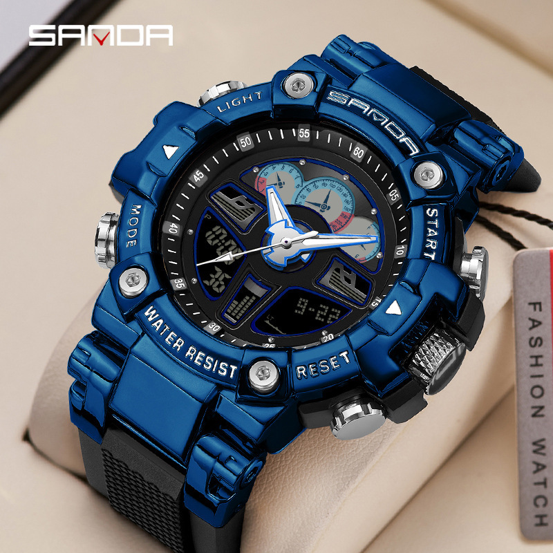 Sanda hasta mano luz reloj negro tecnología multi-funcional volante deportes volante reloj de alarma impermeable reloj masculino 3156