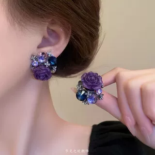 紫色耳饰花朵耳钉女小众设计复古气质独特耳环2025新款爆款高级感