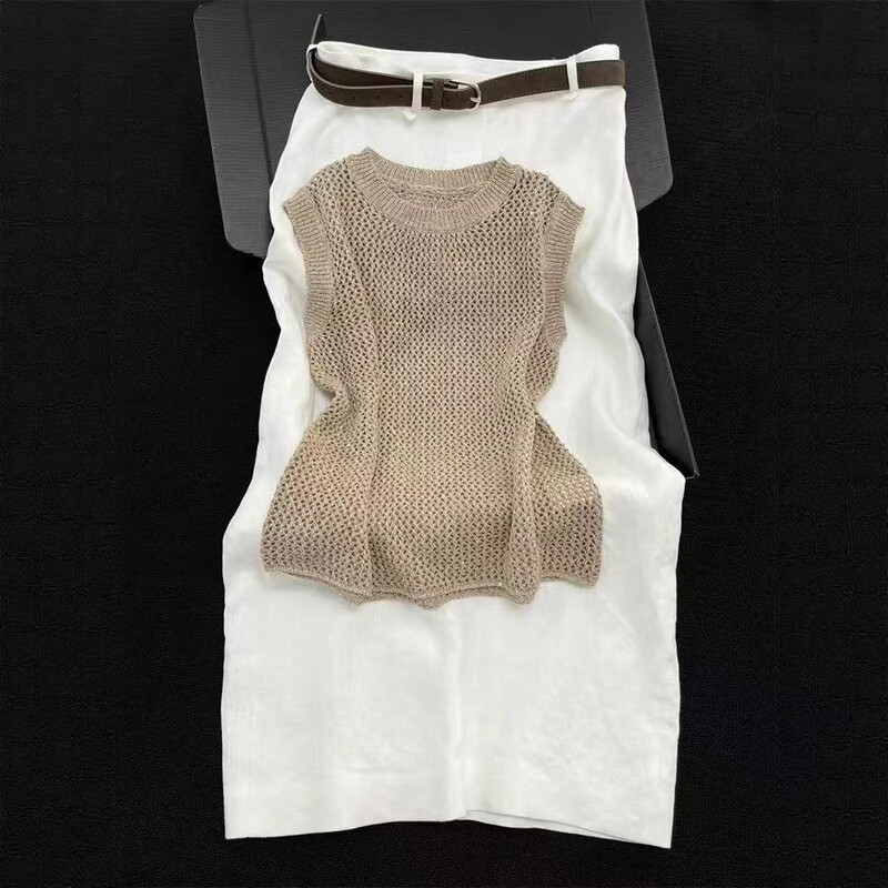 Retro Style Complete Set of High-Waisted Skirts and Two-Piece Women's Clothing Set, Slimming Sleeveless Knitwear Two-Piece Set for Summer Retro Style Complete Set of High-Waisted Skirts and Two-Piece Women's Clothing Set, Slimming Sleeveless Knitwear Two-Piece Set for Summer