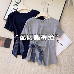 专柜撤回～剪标专柜韩系圆领系带开叉T恤女显瘦设计感侧绑带短袖