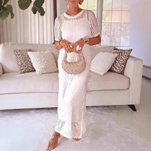 2025 New Independent Station Amazon Aliexpress Cross-Border European and American Clothing Round Neck Cut Out 5-Point 2-Piece Dress