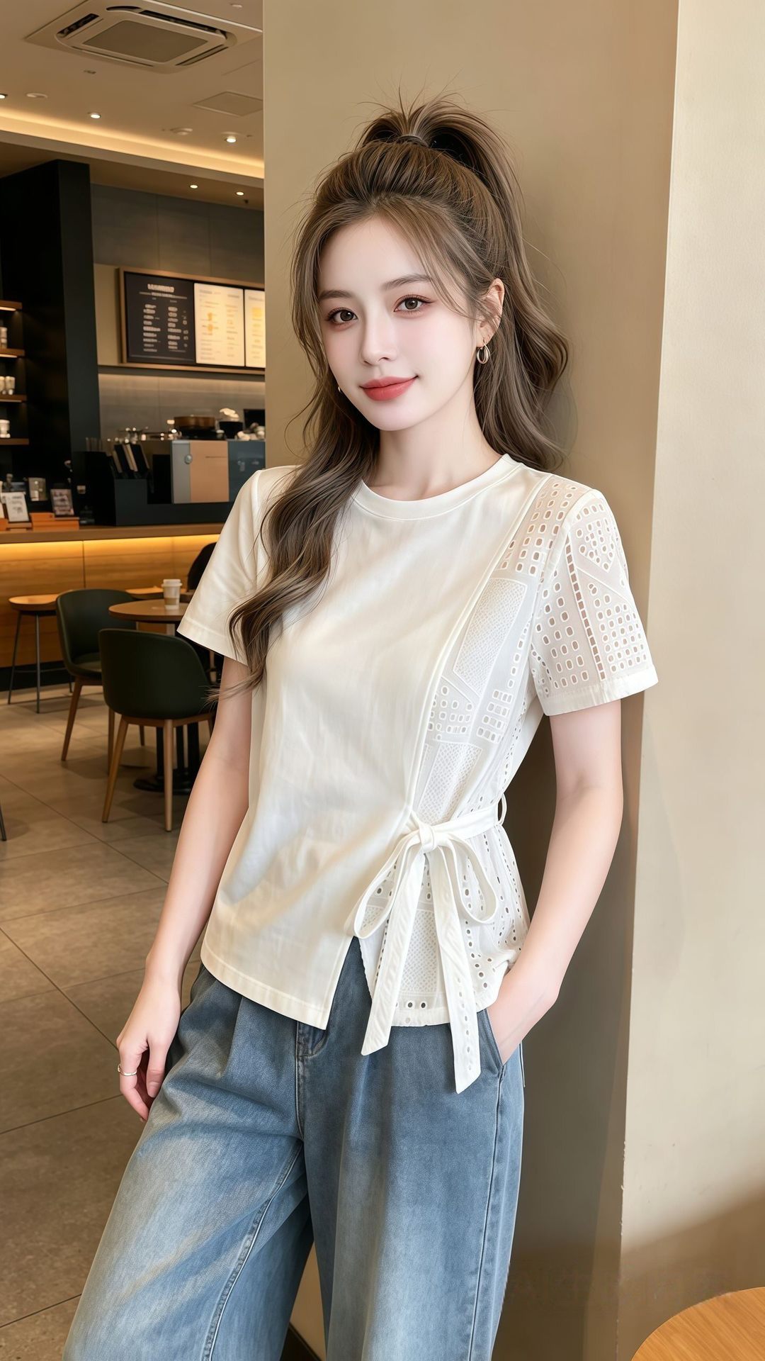 Áo thun nữ tay ngắn thiết kế không đối xứng chạm rỗng, dáng suông thoải mái — màu trắng chi tiết 2