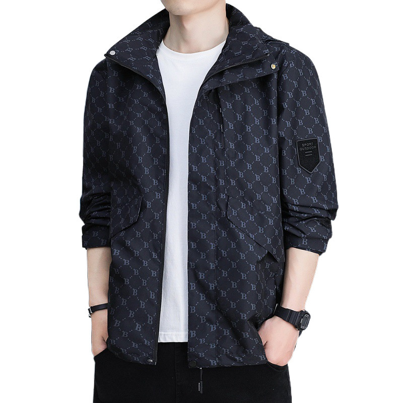 Chaqueta con capuz para hombres de otoño nuevo estilo juvenil coreano impresión completa chaqueta casual suelta impermeable