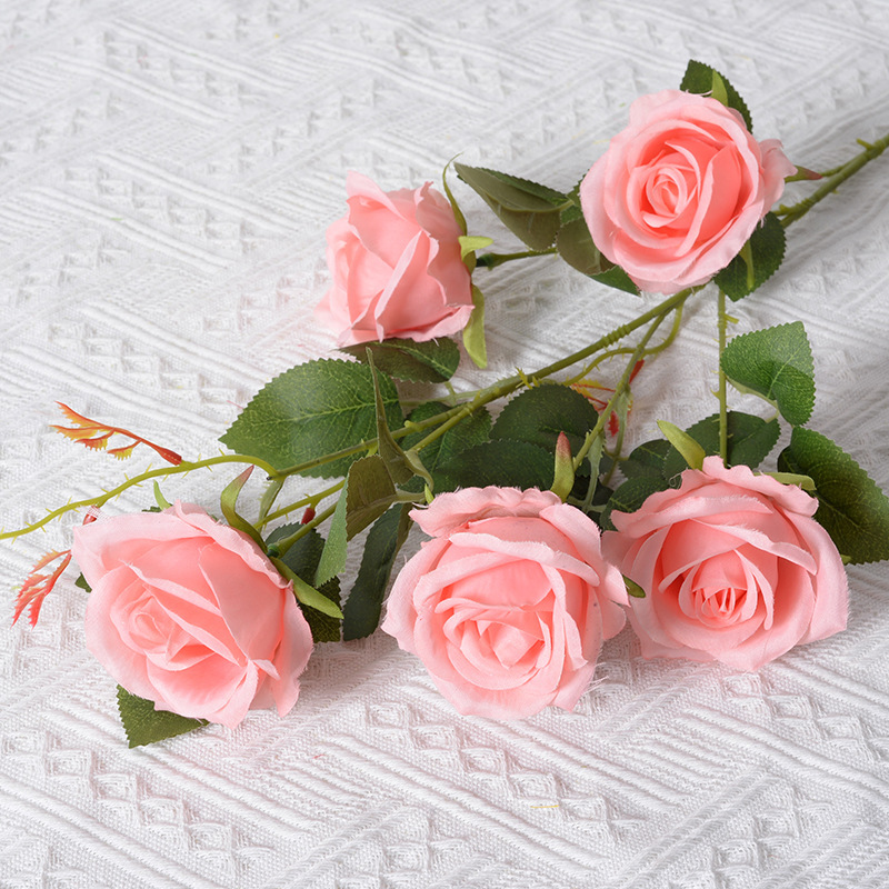 Rosa artificial 5-cabeza París Rosa Día de San Valentín Hotel decoración de la boda falsa Flor de seda artificial al por mayor