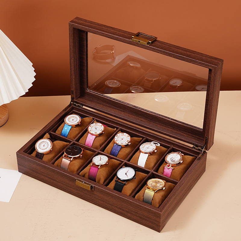 Caja de almacenamiento de reloj de cuero de veta de madera retro Caja de reloj múltiple Reloj de alta gama Reloj mecánico Caja de joyería Hogar de gran capacidad image 2