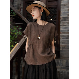 Official Picture of New Summer Women's Vest, Artistic Large Size, Age-Reducing and Slimming Look Pure Color Cotton and Linen Silhouette Lace Top