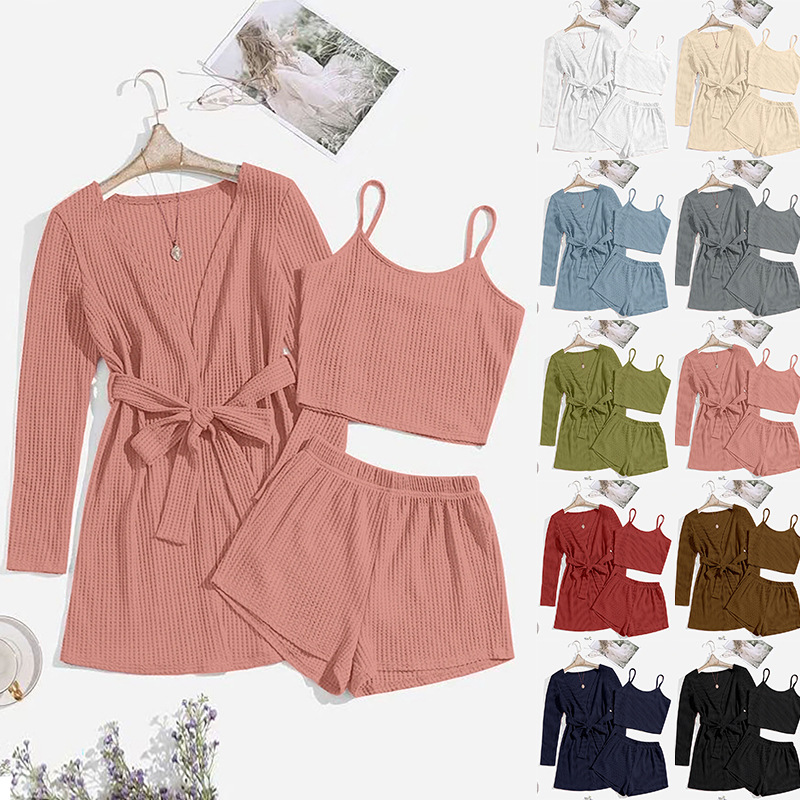 Waffle se puede usar fuera de tres piezas de desgaste en el hogar de las mujeres pantalones cortos de la Liga bata traje de pijama casual W0253
