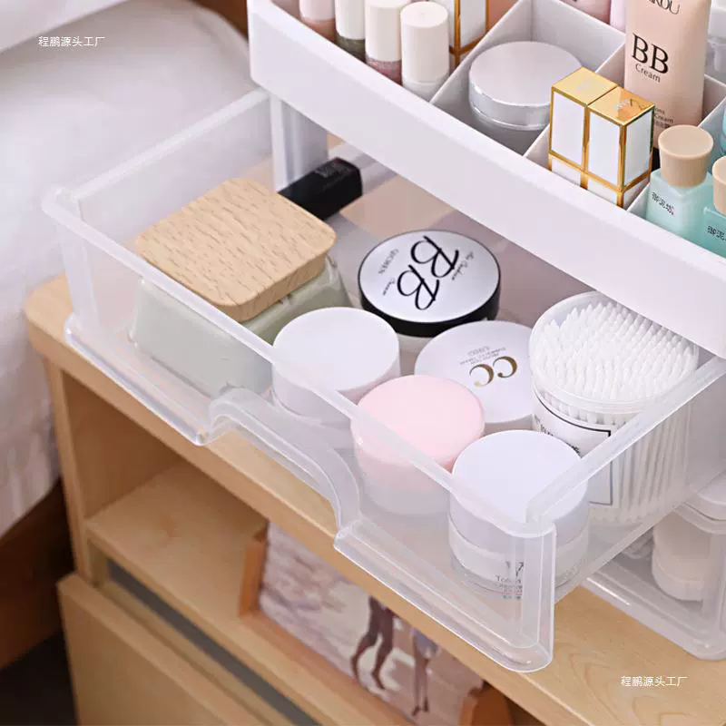 Cosmetic transparent storage box, table storage system, capacious lipstick, stationery