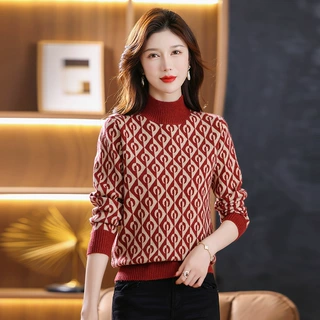 毛衣女士2022拼色新款洋气针织几何图半高领春秋装毛线衣打底衫厚