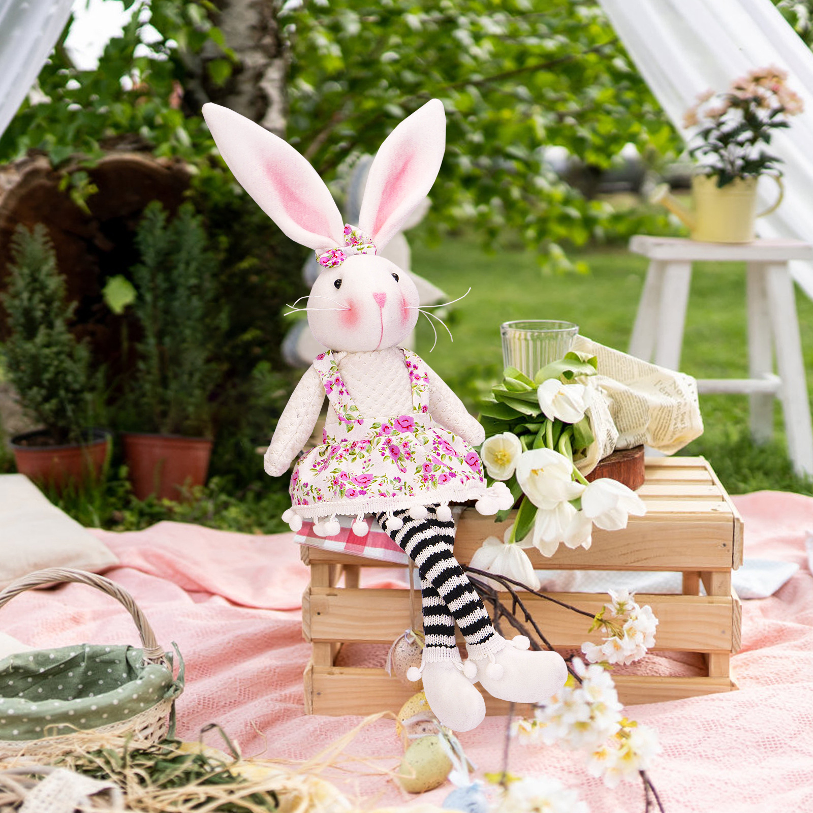 Transfronterizo nuevo conejo de Pascua muñeca a rayas larga pierna sentada muñeca decoración ambiente de vacaciones Decoración