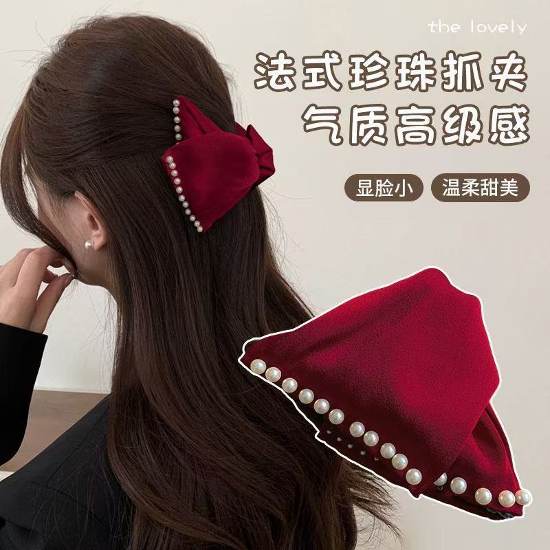 新作レトロ韓国風布製リボン三角ヘアクリップ、女性用大型ヘアクリップ、後頭部の髪量が多い方用シャーククリップ|undefined