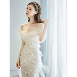 Fishtail Light Wedding Dress 2025 New Bridal One-Shoulder Tail Going Out Welcome Evening Dress Annual Meeting Banquet Host