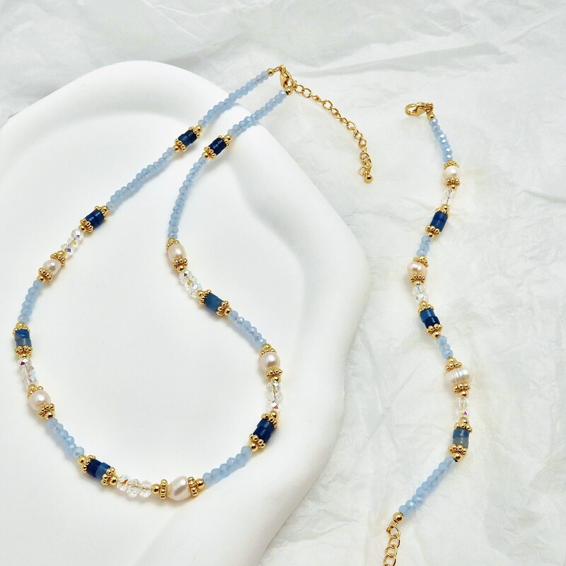 Handmade Women's Natural Stone Aquamarine Freshwater Pearl Beaded Bracelet Necklace Autumn and Winter Dopamine Fresh Style Women's