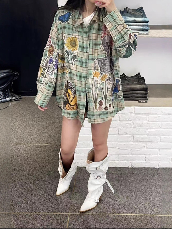 25南油新款美式花卉涂鸦印花格子格纹衬衫|undefined