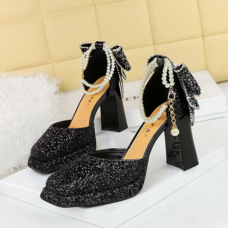 7723-H80TP lentejuelas cabeza cuadrada tacones altos tacón grueso plataforma impermeable lazo trasero perlas hebilla sandalias zapatos de boda