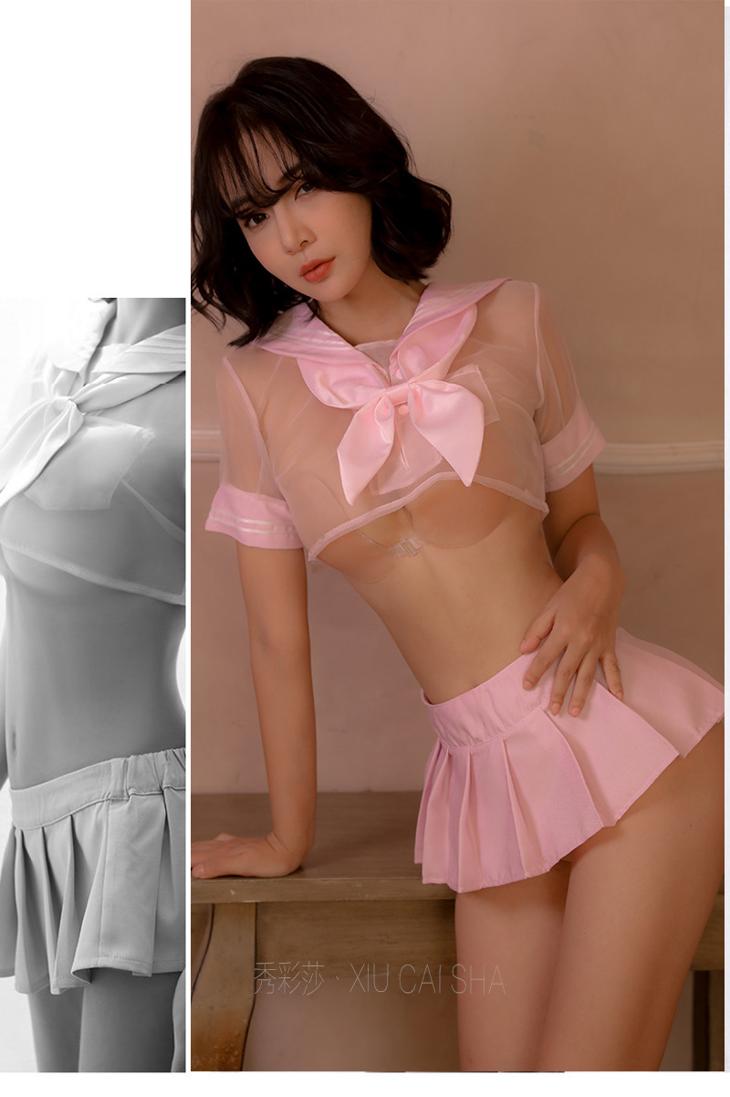 Xiucaisha Sailor Uniform Lingerie Set, Sheer Mesh Top, Skirt and Panty with Bowknot Detail — detail image 11