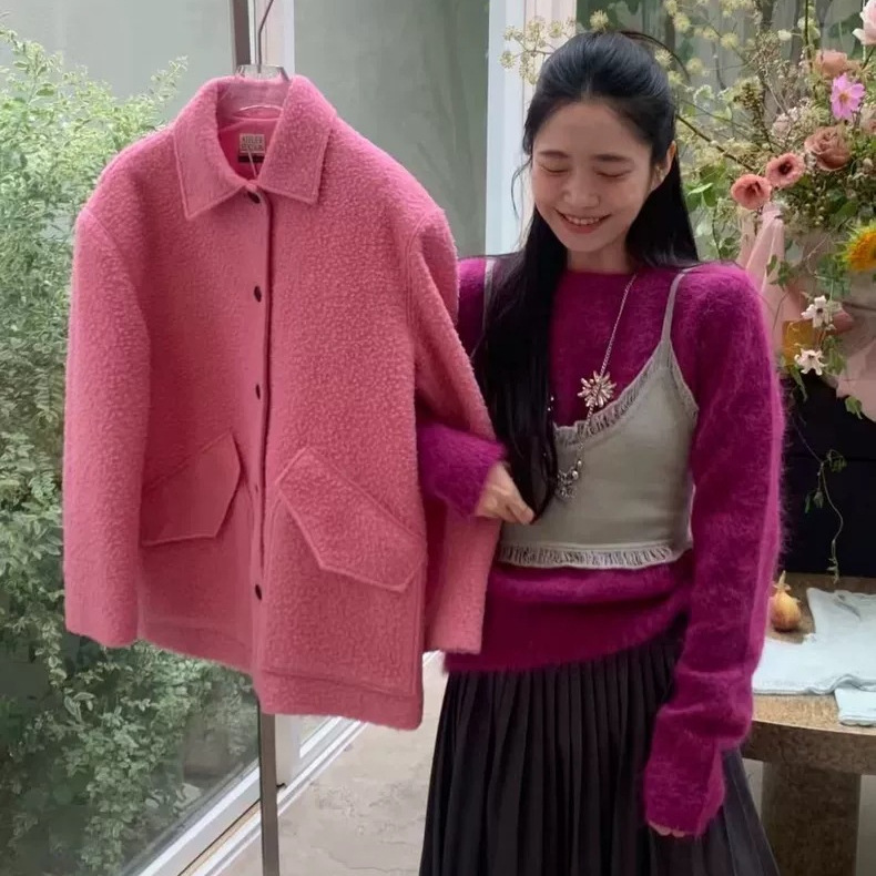 In Stock 2025 Winter New Korean Dongdaemun Solid Color Simple Sweater Round Neck Long Sleeve Alpaca Knitwear