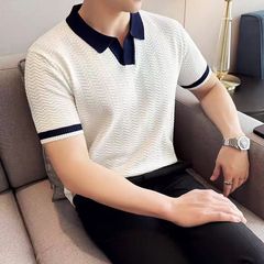 撞色翻领针织短袖poIo衫男高级感商务休闲T恤ins潮牌小v领打底衫