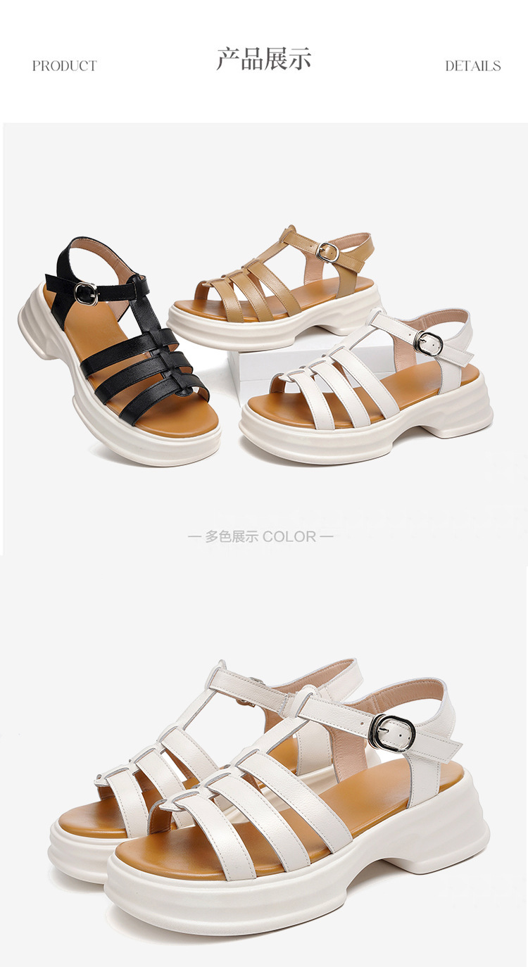 Sandal La Mã nữ da thật đế dày gót vuông quai ngang — Màu đen chi tiết 24