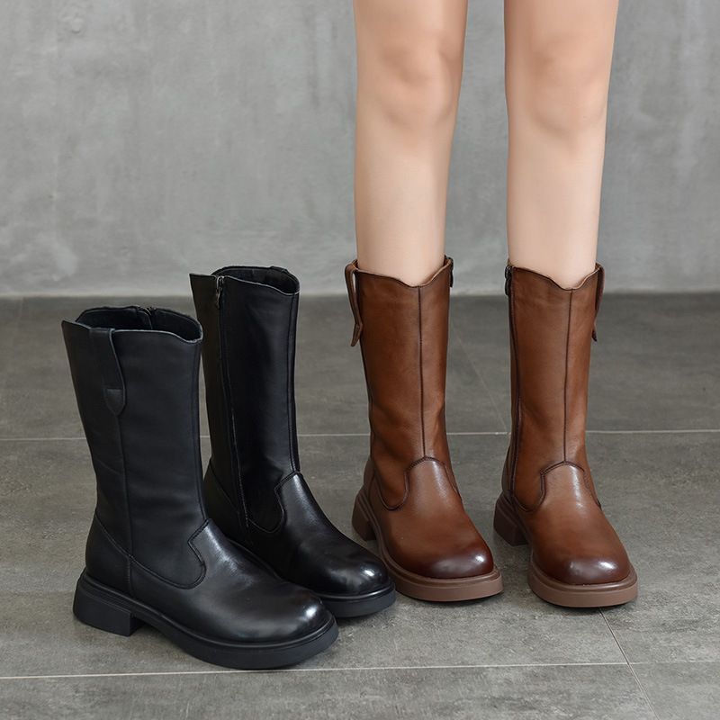 2025冬季新款真皮女靴子英伦百搭头层牛皮中筒靴侧拉链加绒棉靴女