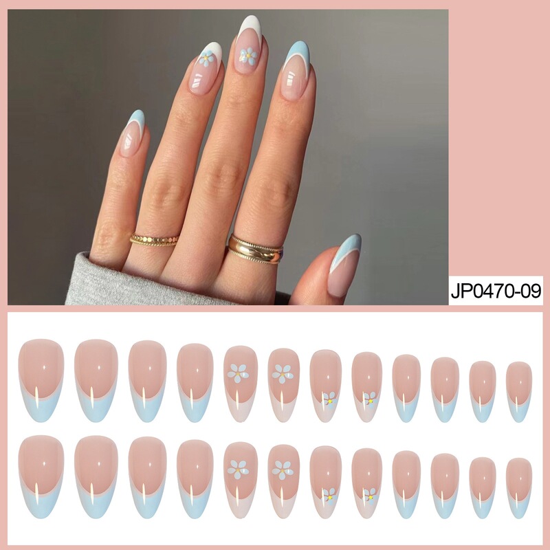 French-style nude-colored press-on nails, full-cover color-blocked nail patches, cross-border wholesale blue floral nail stickers French-style nude-colored press-on nails, full-cover color-blocked nail patches, cross-border wholesale blue floral nail stickers