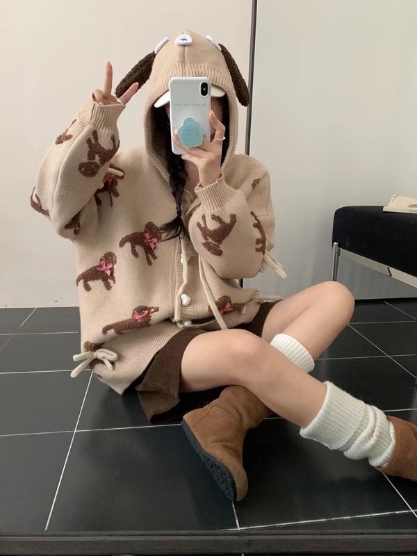 慵懒宽松连帽毛衣外套女秋冬外穿中长款高级感百搭学院风针织开衫|undefined