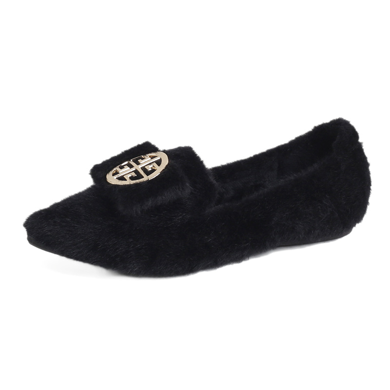 2026 New Autumn/Winter Hairy Women's Shoes Pointed Flat Single Shoes Women's Plush Women's Shoes Large Women's Boat Shoes 41-43