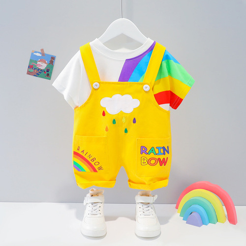 Summer  New Children's Short Sleeve Set Boy and Girl Rainbow Overalls Two-Piece Set Dropshipping 1607