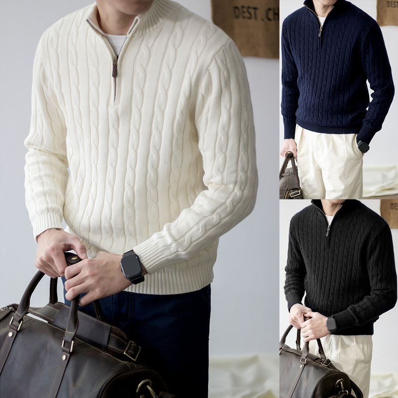 New autumn and winter POLO knit sweater for men, old money style, half-zip, cable knit texture, cross-border factory wholesale New autumn and winter POLO knit sweater for men, old money style, half-zip, cable knit texture, cross-border factory wholesale