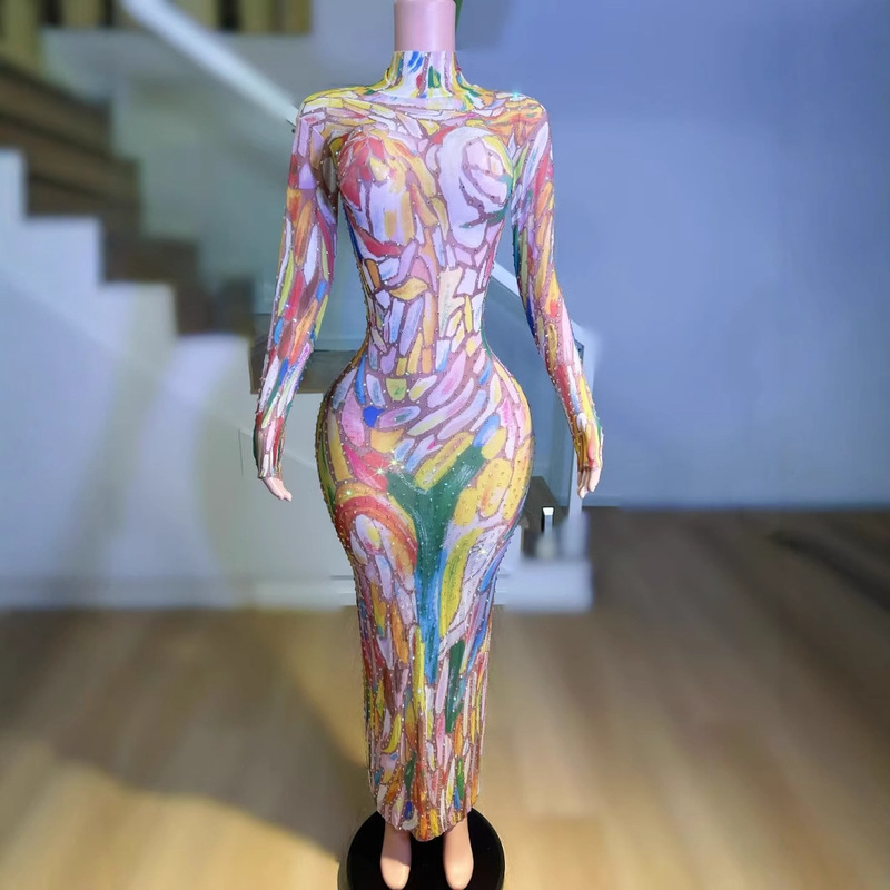 Stock Cross-Border Long-Sleeved Ink Painting Mesh Designer Performance Clothing Sexy High-Elastic Celebrity Birthday Ball Dress