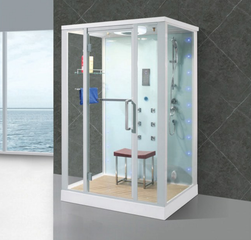 Sala de baño con puerta corredera de vidrio rectangular de una pieza separación húmeda y seca con boquilla de masaje de espalda sala de ducha sala de vapor