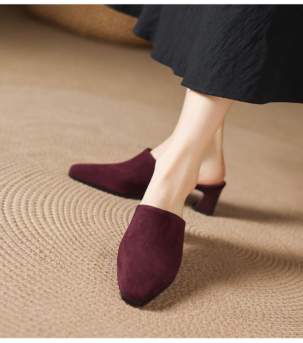 Sandal cao gót nữ mũi vuông da lộn, gót 7 cm, kiểu dáng nửa kéo — đen chi tiết 18