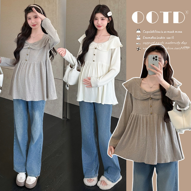 Maternity clothing for autumn, new fashionable French style, sweet and slimming, ruffled maternity top with long sleeves and a babydoll design
