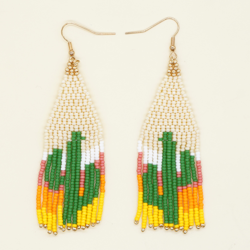 Retro Cactus Glass Beaded Tassel Women's Drop Earrings 1 Pair display picture 3