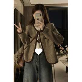 大码小香风撞色短款外套秋季新款女装胖mm显瘦单排扣长袖开衫上衣